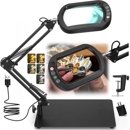 10X Rectangle Magnifying Glass with Light and Stand, 5 Color Modes Dimmable LED Desk Lamp & Clamp, Hands Free for Reading Craft Repair Painting