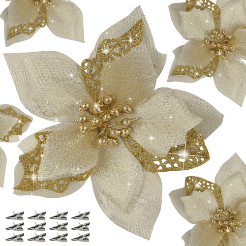 12-Count 5.9 Inch Gold Glitter Artificial Poinsettia Flowers with Metal Clips for Christmas Tree Wreath Garland Holiday Decor