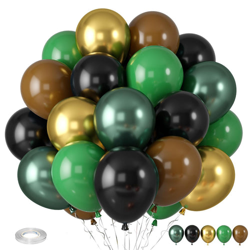 36-Piece Camouflage Balloon Set, 12-Inch Latex in Green, Brown, Black, Gold with Ribbon