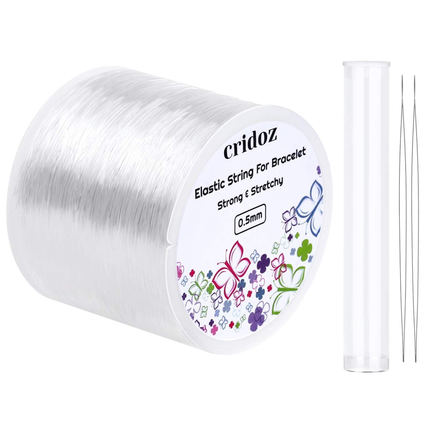 Roll of clear elastic stretch cord for bracelets with two beading needles and a clear tube.