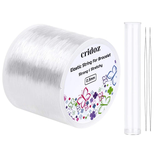 Roll of clear elastic stretch cord for bracelets with two beading needles and a clear tube.