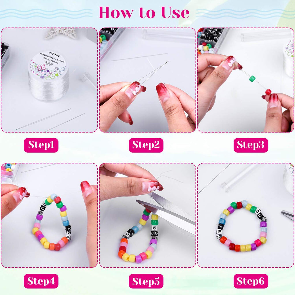 Collage showing steps to make a bracelet with elastic string and beads. Includes close-ups of string, needles, beads, and finished bracelet.