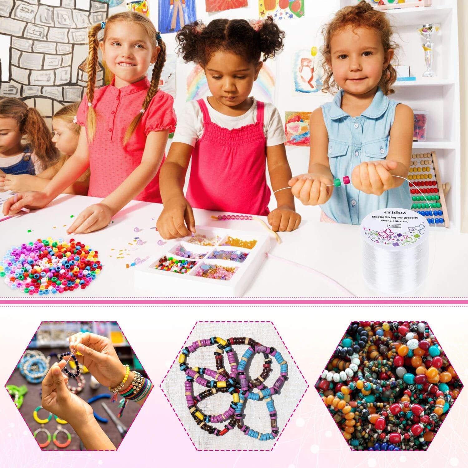 Children making bracelets with colorful beads and clear elastic string on a white table, with a spool of string and beading supplies visible.