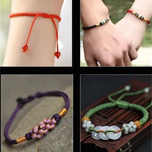 Four close-up images of handmade bracelets made with nylon cord and beads, showing different styles and colors.
