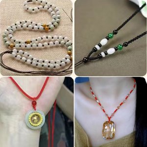 Four images showing nylon cord jewelry making projects: beaded necklace, adjustable knot, pendant necklace, and beaded necklace with large crystal.