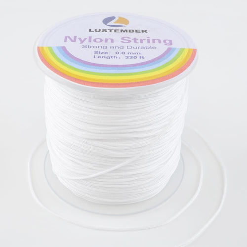 Spool of white 0.8mm nylon string for jewelry making, showing rainbow detail on spool label.
