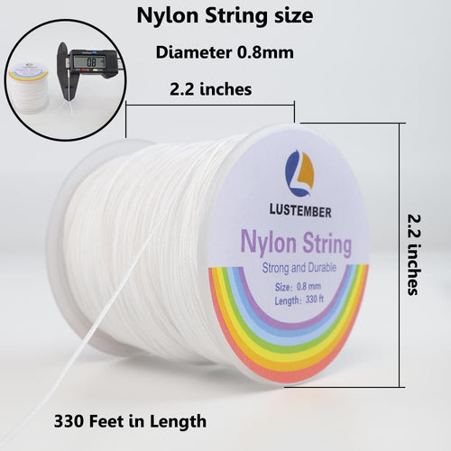 Spool of white nylon string with dimensions and specifications shown, including a digital caliper measuring 0.8mm.