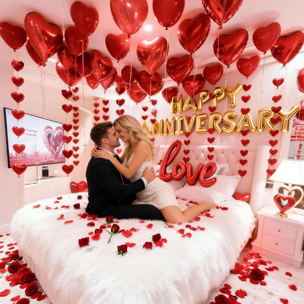 Couple embracing on a heart-shaped bed decorated with red rose petals and balloons for an anniversary celebration.