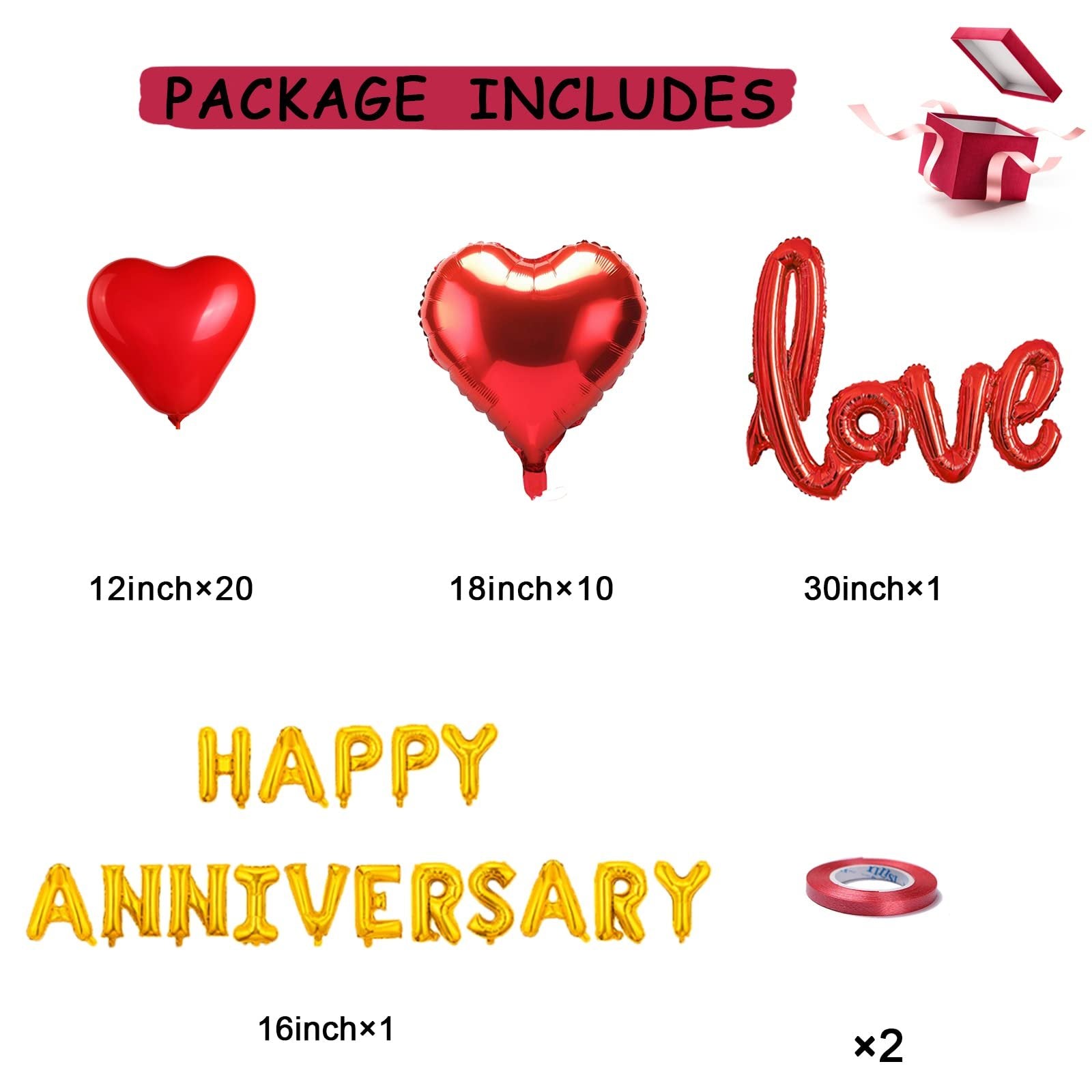 Anniversary balloon kit contents including heart balloons, 'love' balloon, 'Happy Anniversary' banner, and red ribbon.