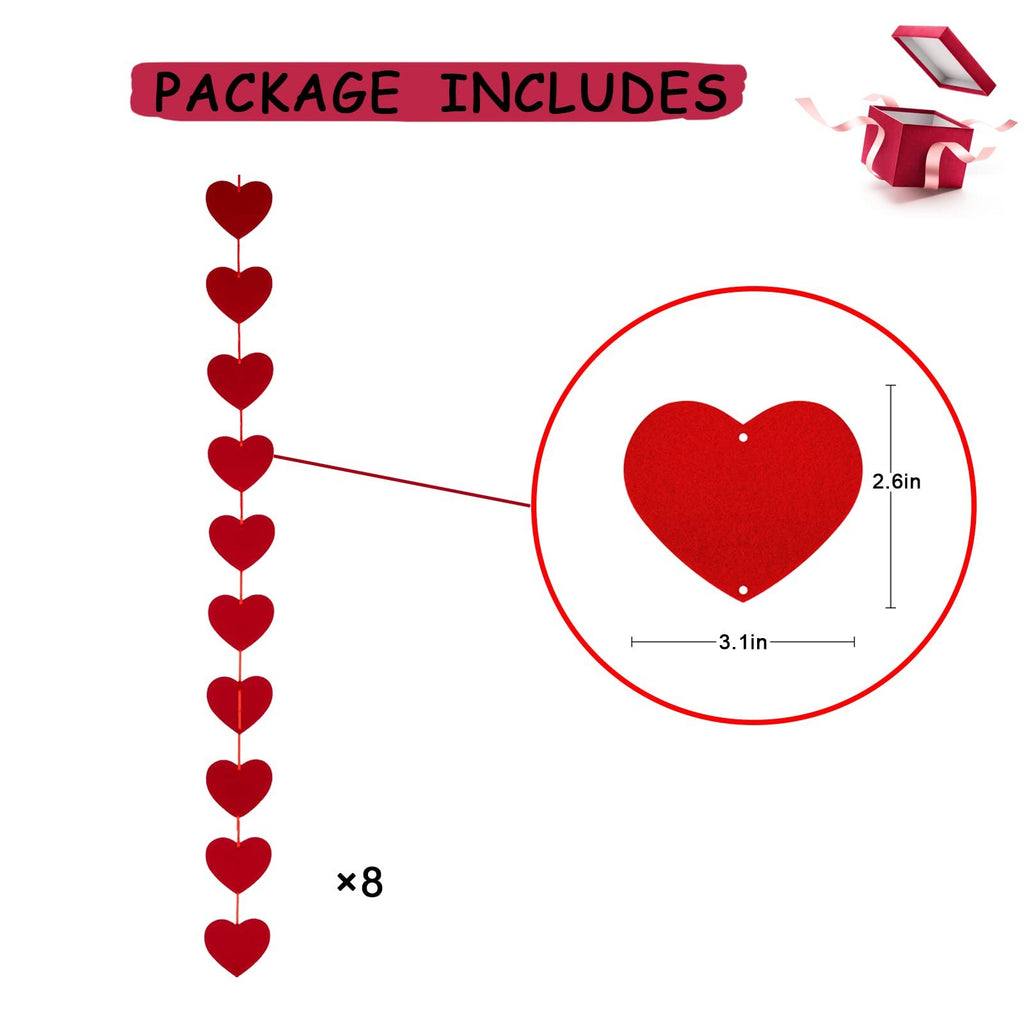 Red heart garland with dimensions and quantity shown, next to a gift box illustration.