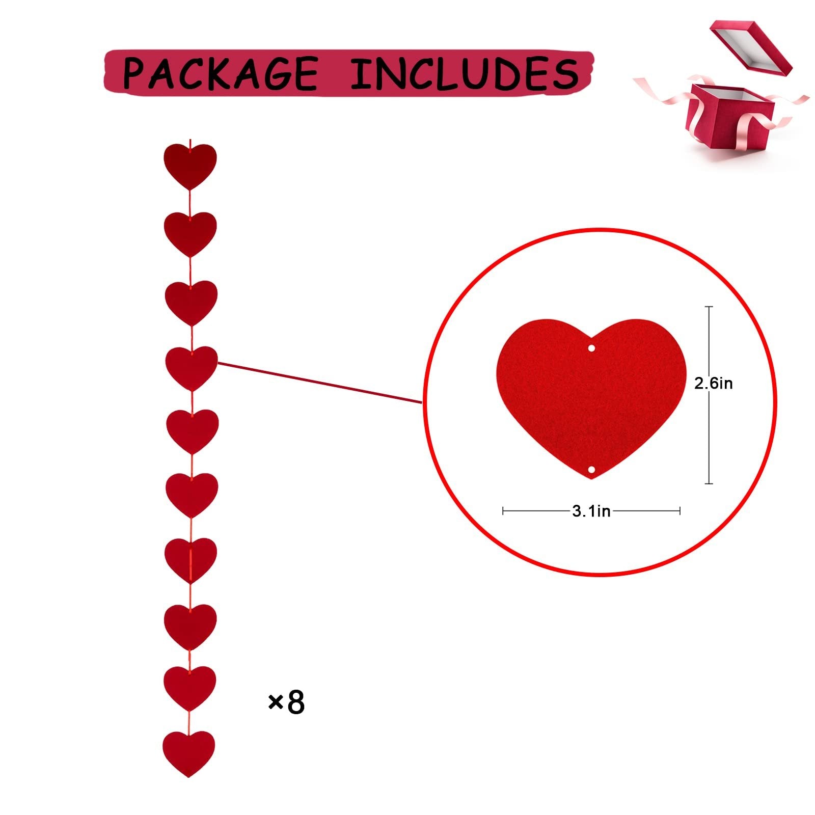 Red heart garland with dimensions and quantity shown, next to a gift box illustration.