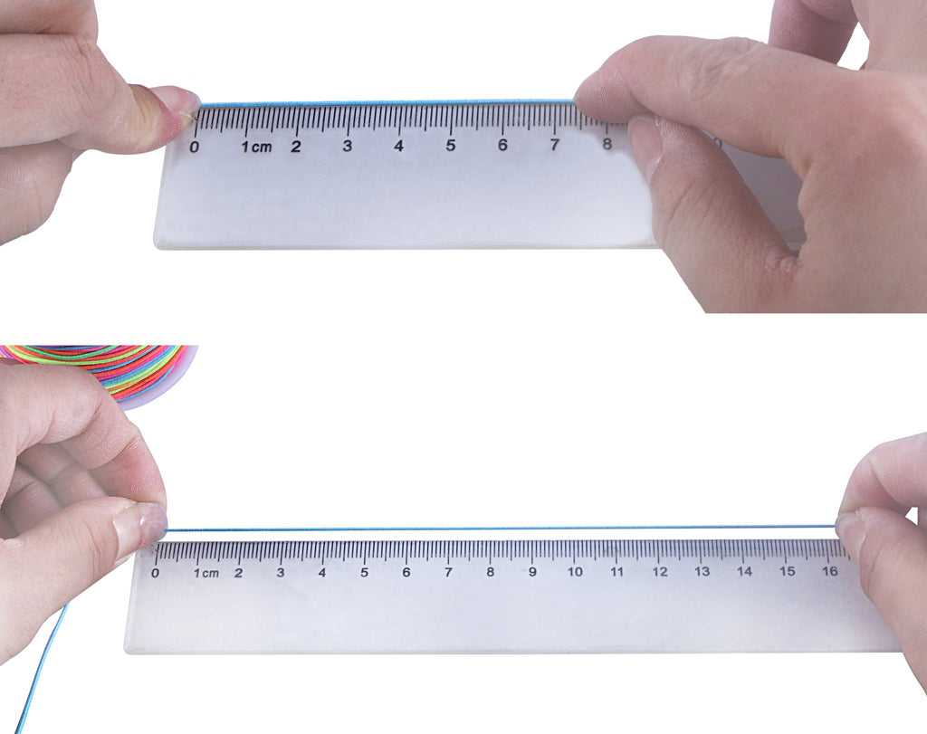 Close-up of hands holding a ruler to measure thin blue elastic beading cord, showing a spool of colorful cords in the background.