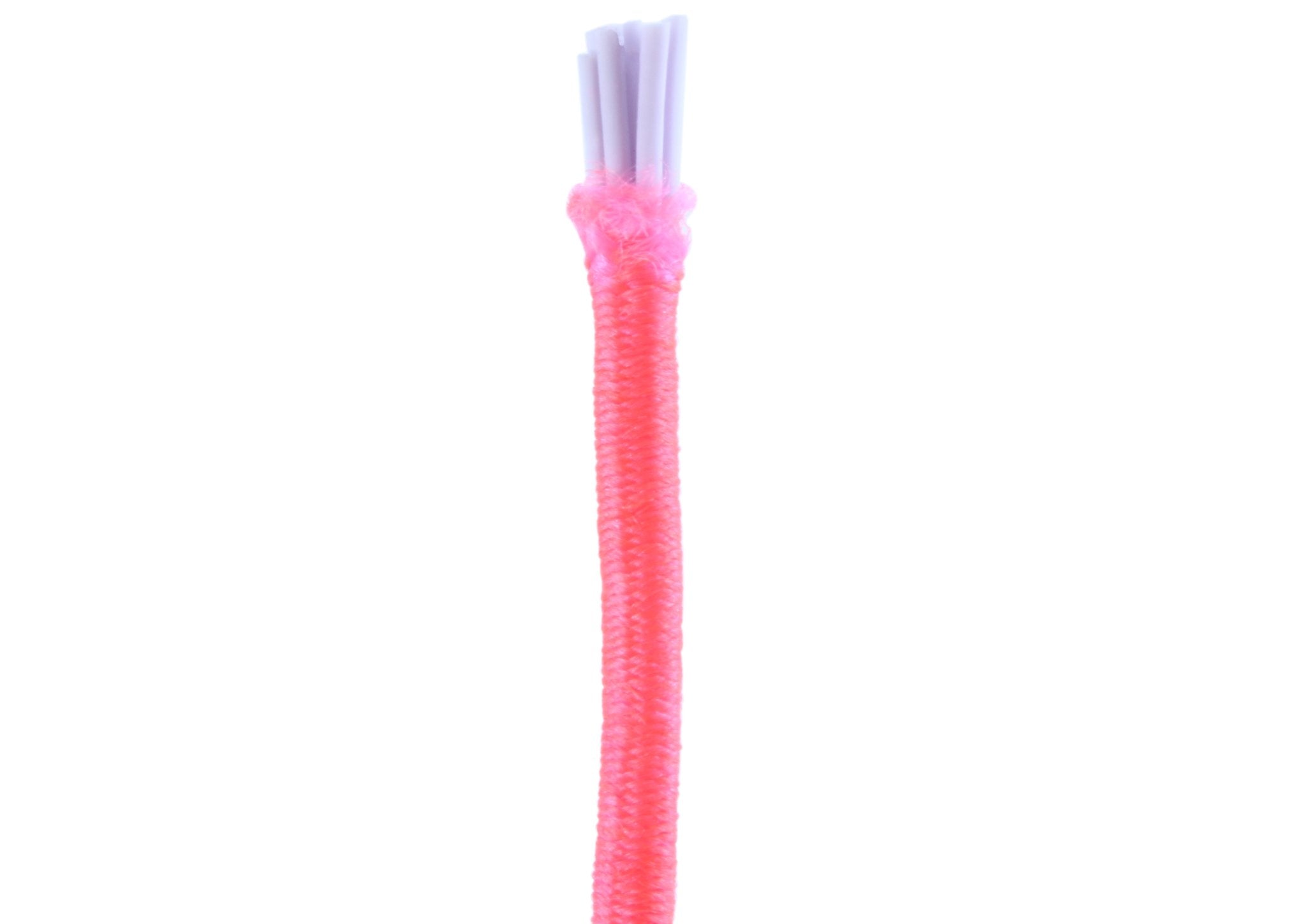 Close-up of the end of a pink stretchy bracelet string, showing multiple white elastic strands inside the braided cord.