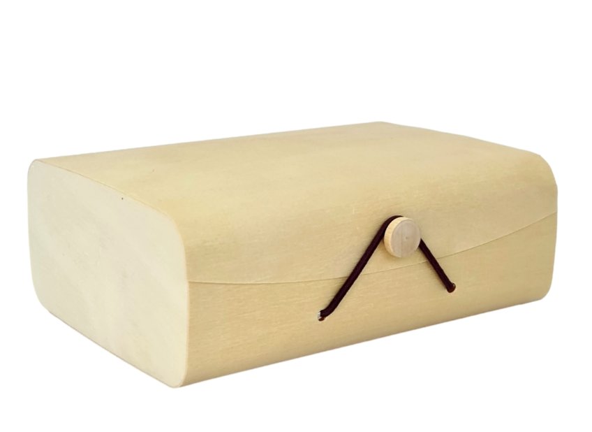 Light wood storage box with curved lid and dark cord closure on a white background