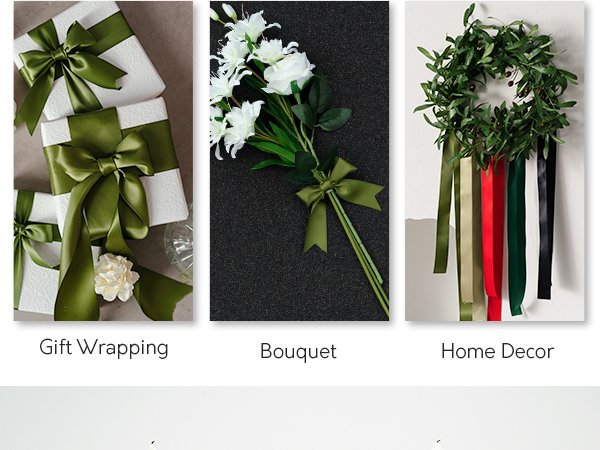Three lifestyle images showing green ribbon used for gift wrapping, a bouquet, and home decor.