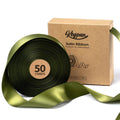 Roll of green double-faced satin ribbon with a cardboard box and text indicating 50 yards.