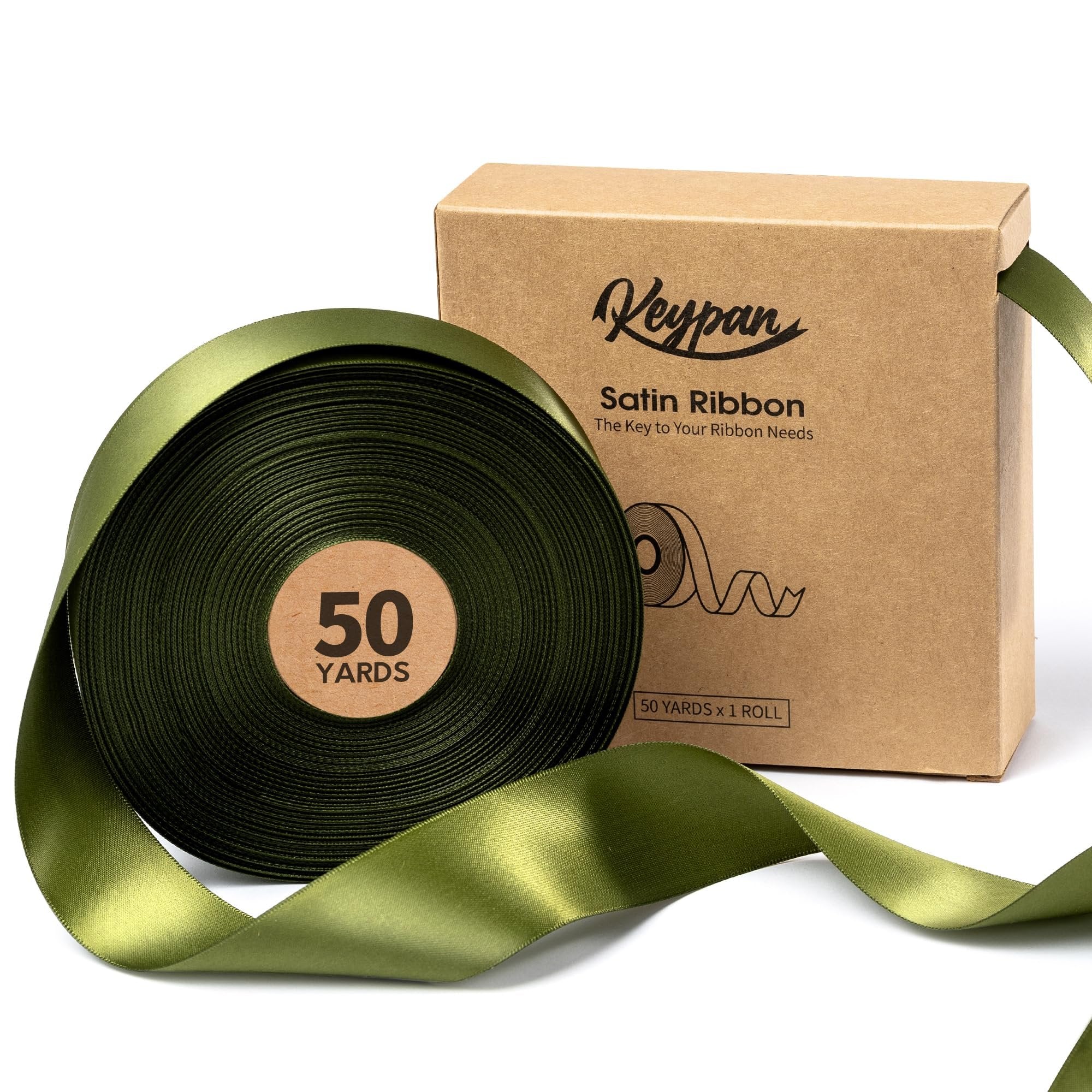Roll of green double-faced satin ribbon with a cardboard box and text indicating 50 yards.