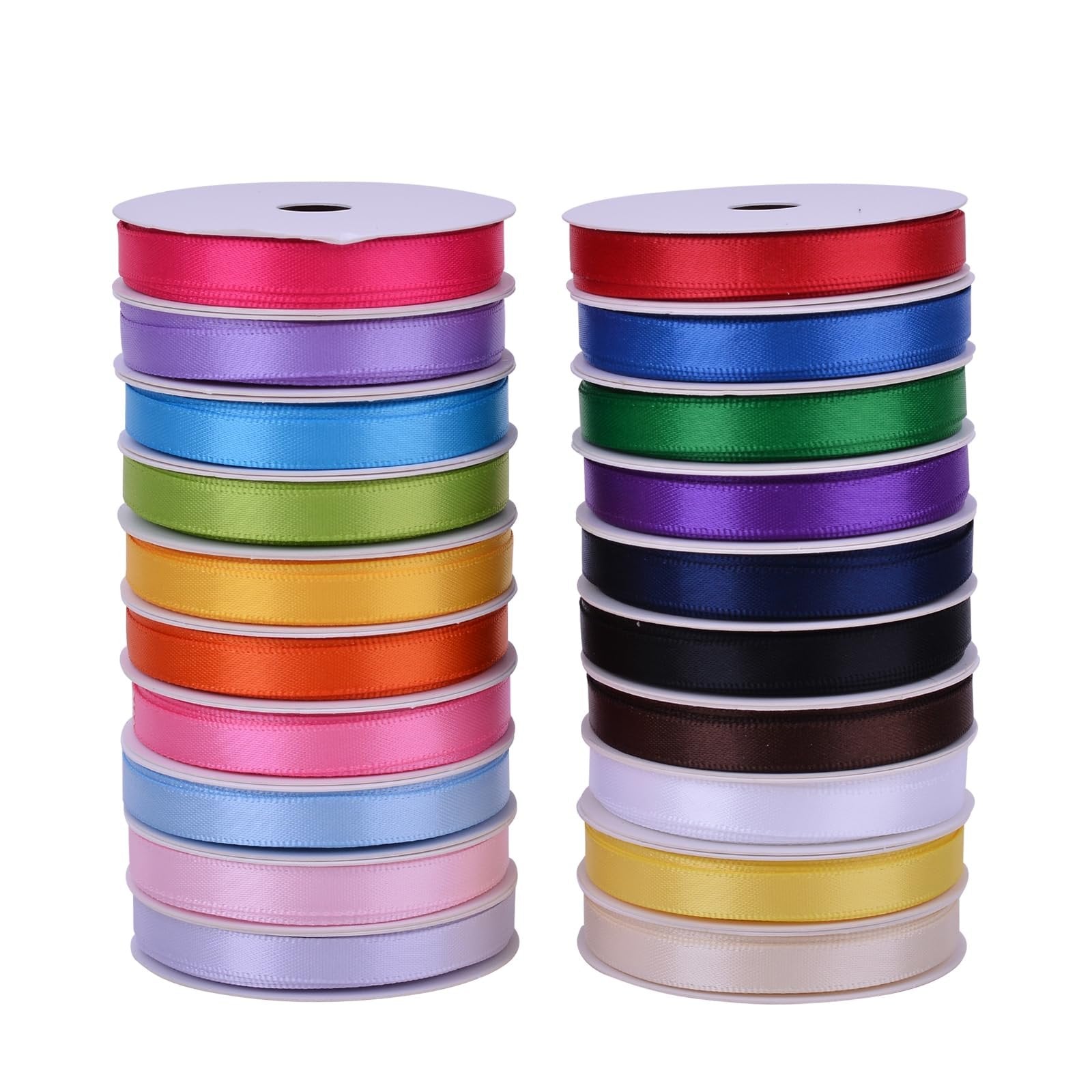 Two stacks of colorful satin ribbon spools on white background. Left stack has pink, purple, blue, green, yellow, orange, pink, light blue, lavender ribbons. Right stack has red, blue, green, purple, navy, black, brown, white, yellow, beige ribbons.