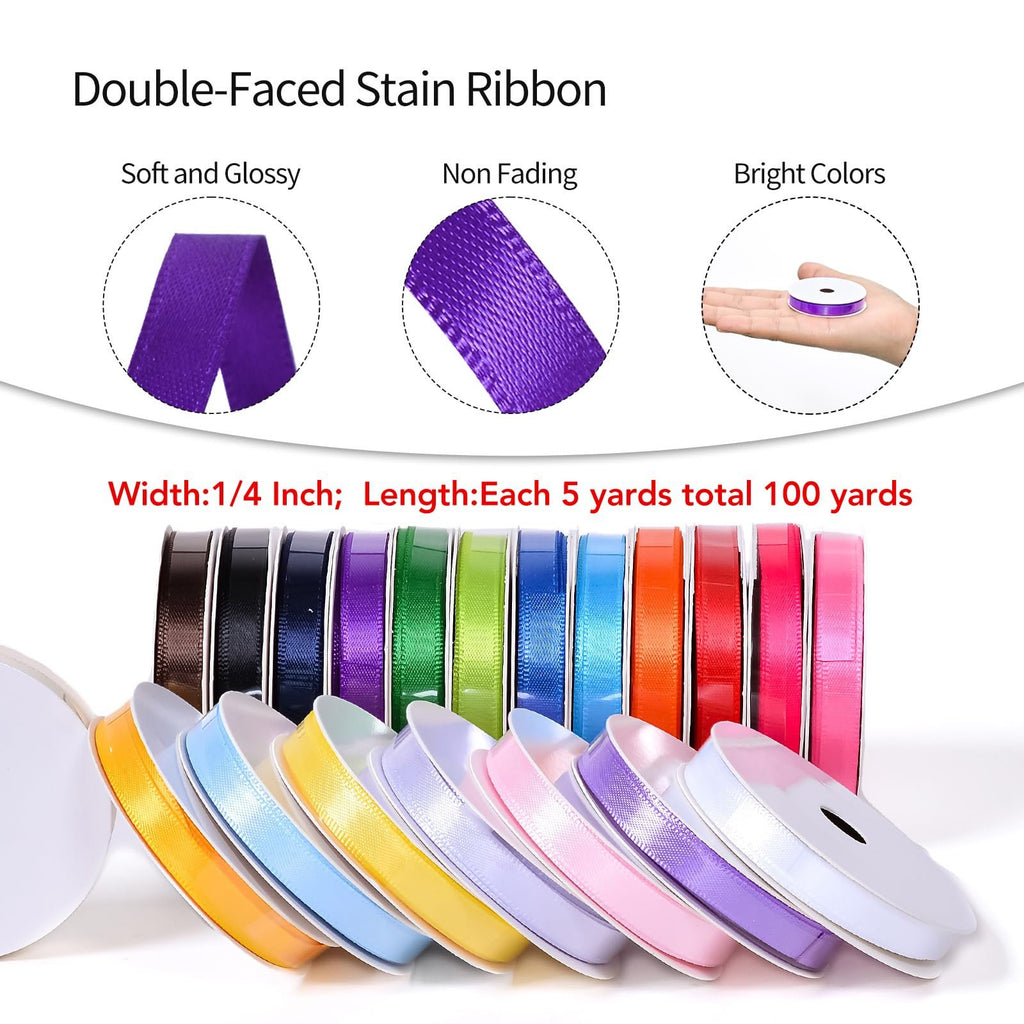 Assortment of 20 spools of 1/4 inch double-face satin ribbon in various colors, displayed in a row.