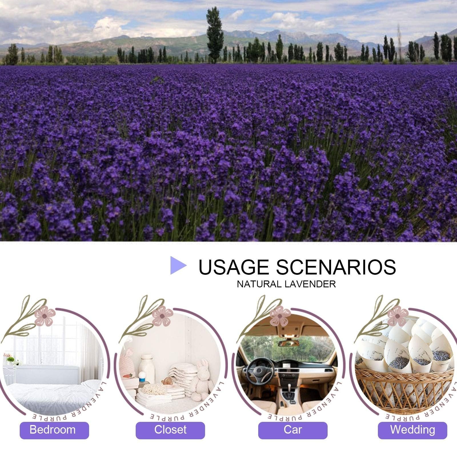 Field of lavender flowers with mountains in the background, and four circular insets showing usage scenarios: bedroom, closet, car, and wedding.