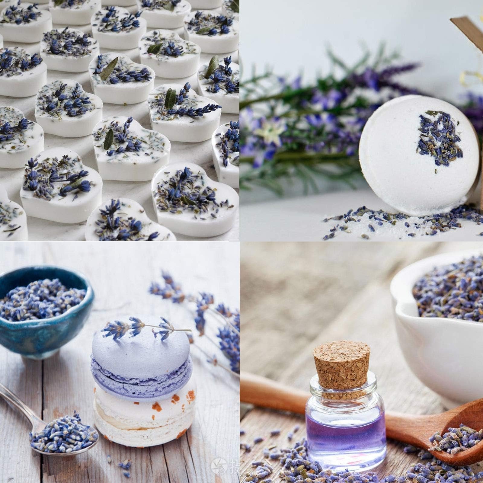 Collage of lavender products: heart-shaped soaps, bath bomb, macarons, and essential oil.