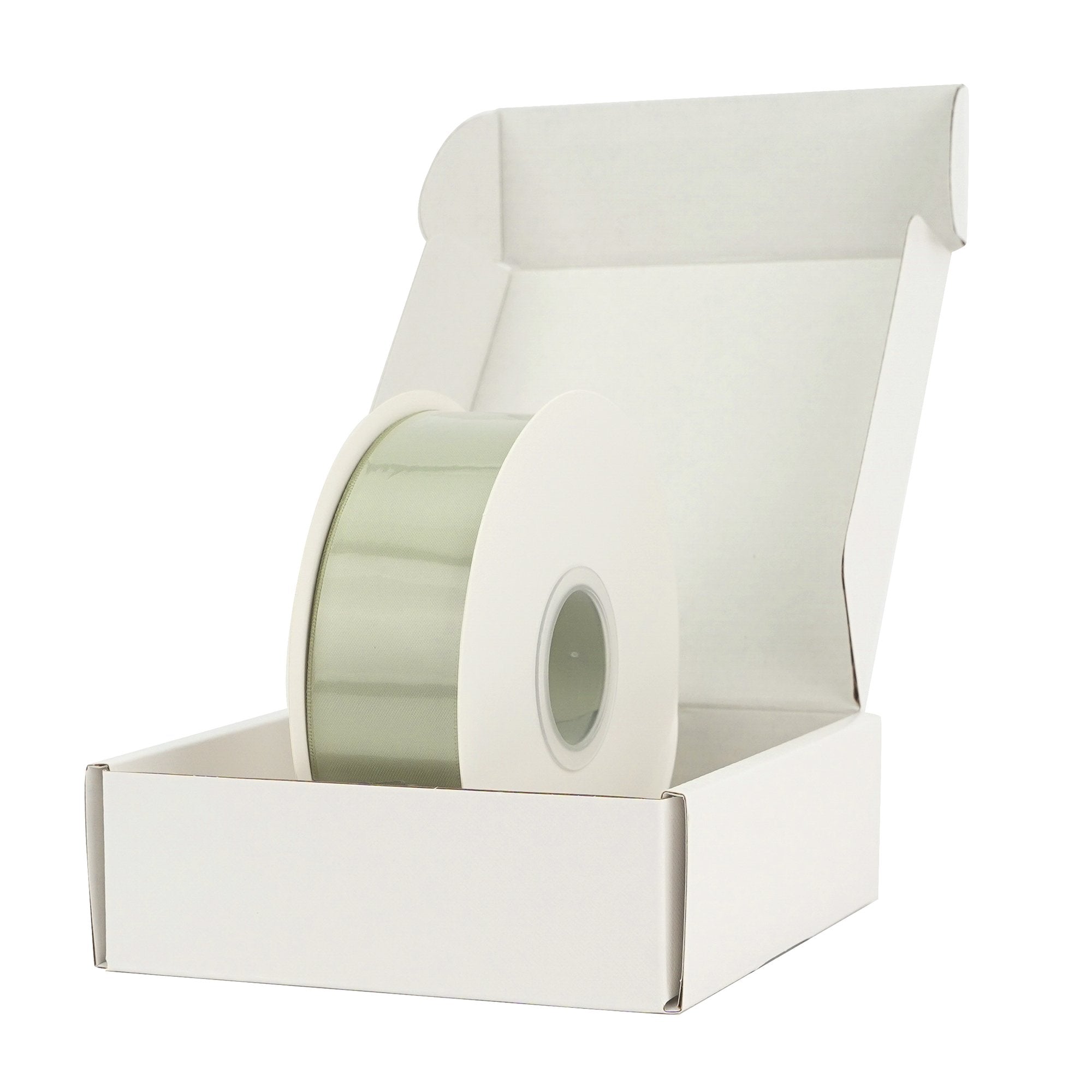Roll of dusty sage satin ribbon inside an open white cardboard box, presented at an angle.
