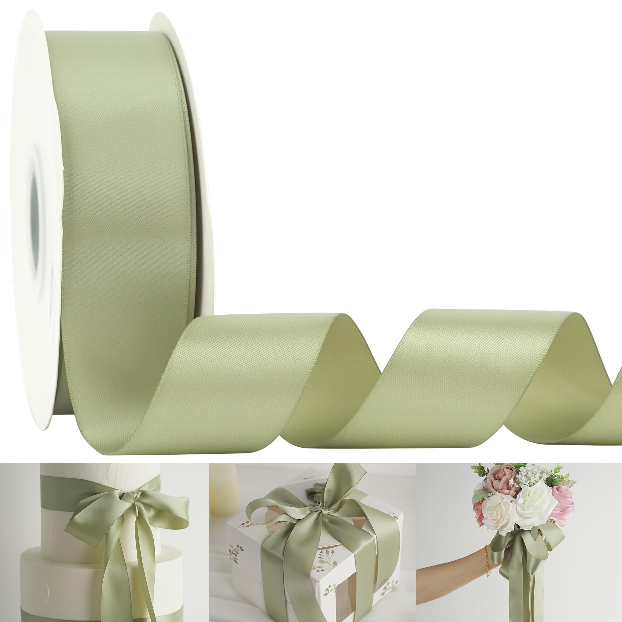 Roll of dusty sage satin ribbon with a wavy tail, shown with examples of use on a cake, gift box, and bouquet.