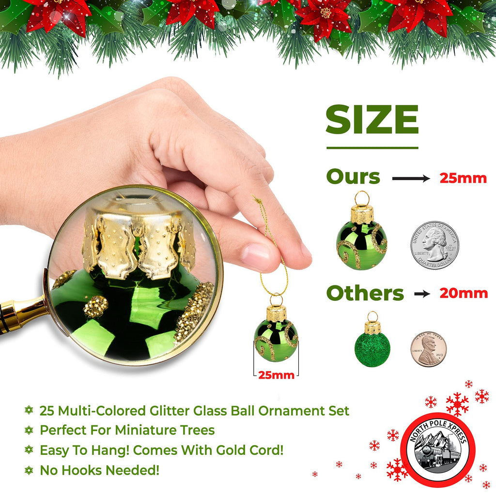 Hand holding a miniature green glass Christmas ornament with gold glitter, magnified by a lens, next to size comparison graphics and text.
