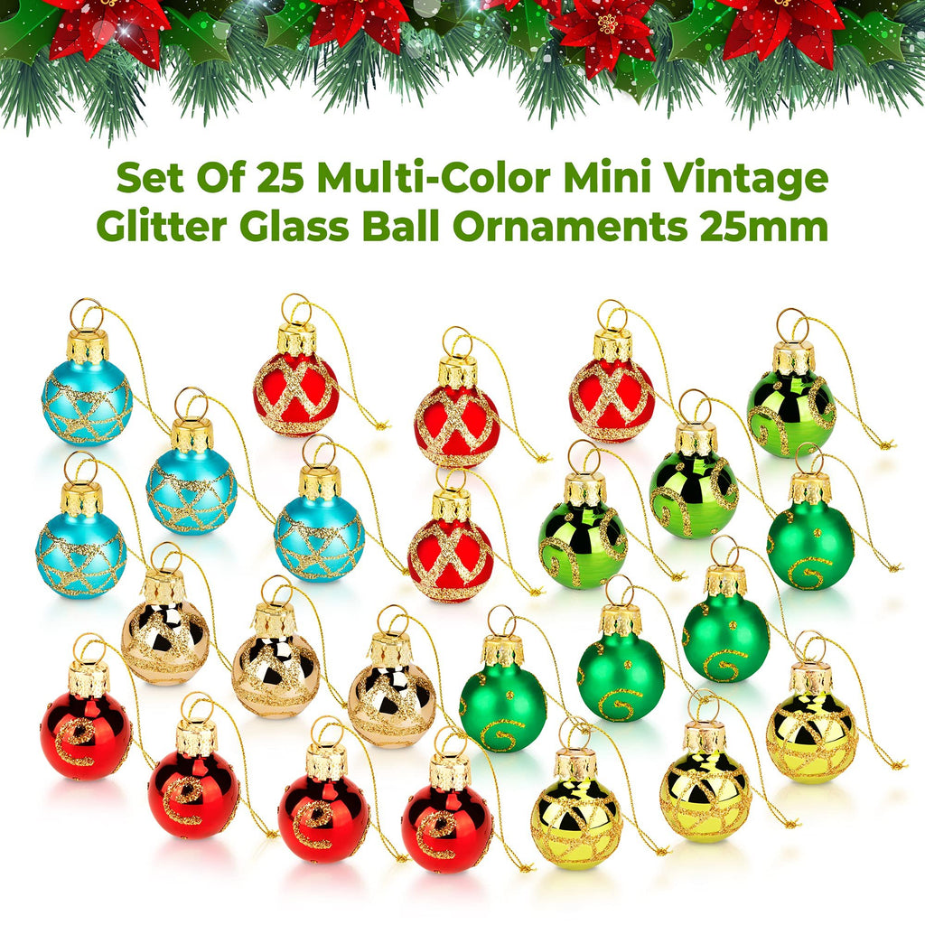 Set of 25 multi-color mini vintage glitter glass ball Christmas ornaments, 25mm, displayed on a white background with festive greenery and poinsettias at the top.