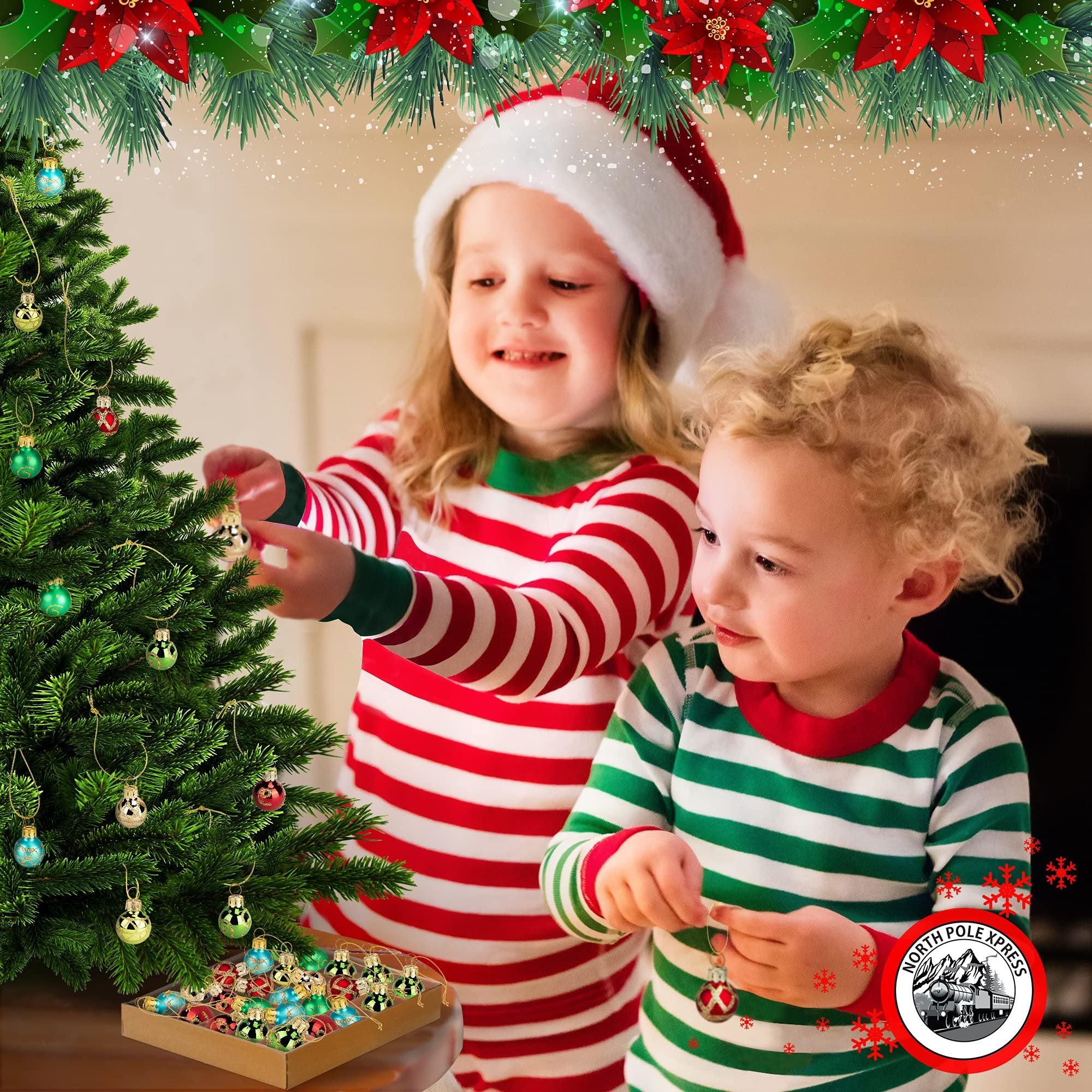 Two children in pajamas decorating a Christmas tree with mini ornaments, a box of ornaments is visible
