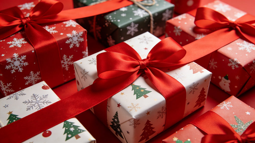 Assortment of Christmas-themed gift boxes wrapped with red ribbon, some with snowflakes, trees, and snowmen patterns.