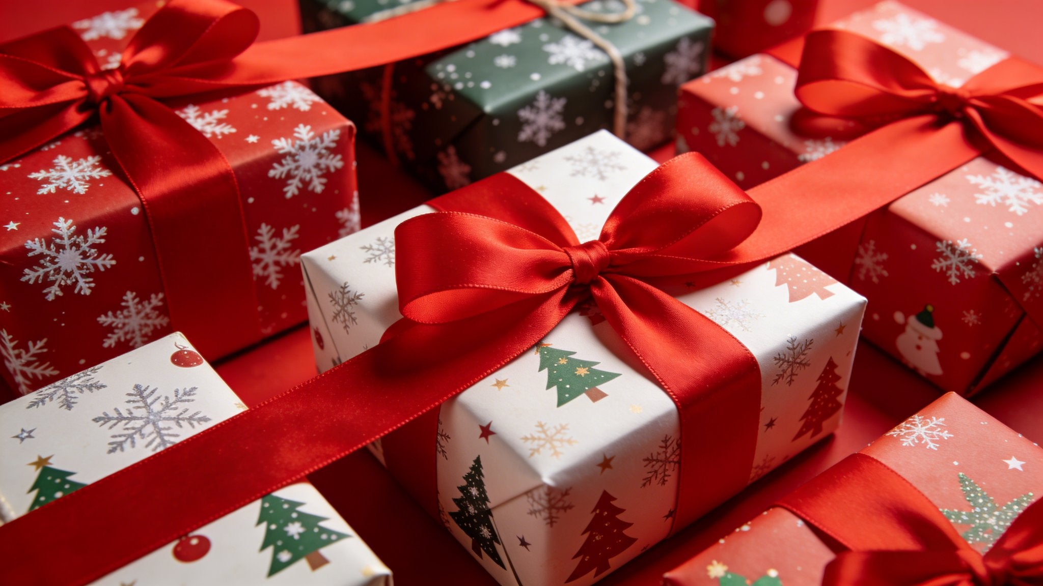 Assortment of Christmas-themed gift boxes wrapped with red ribbon, some with snowflakes, trees, and snowmen patterns.