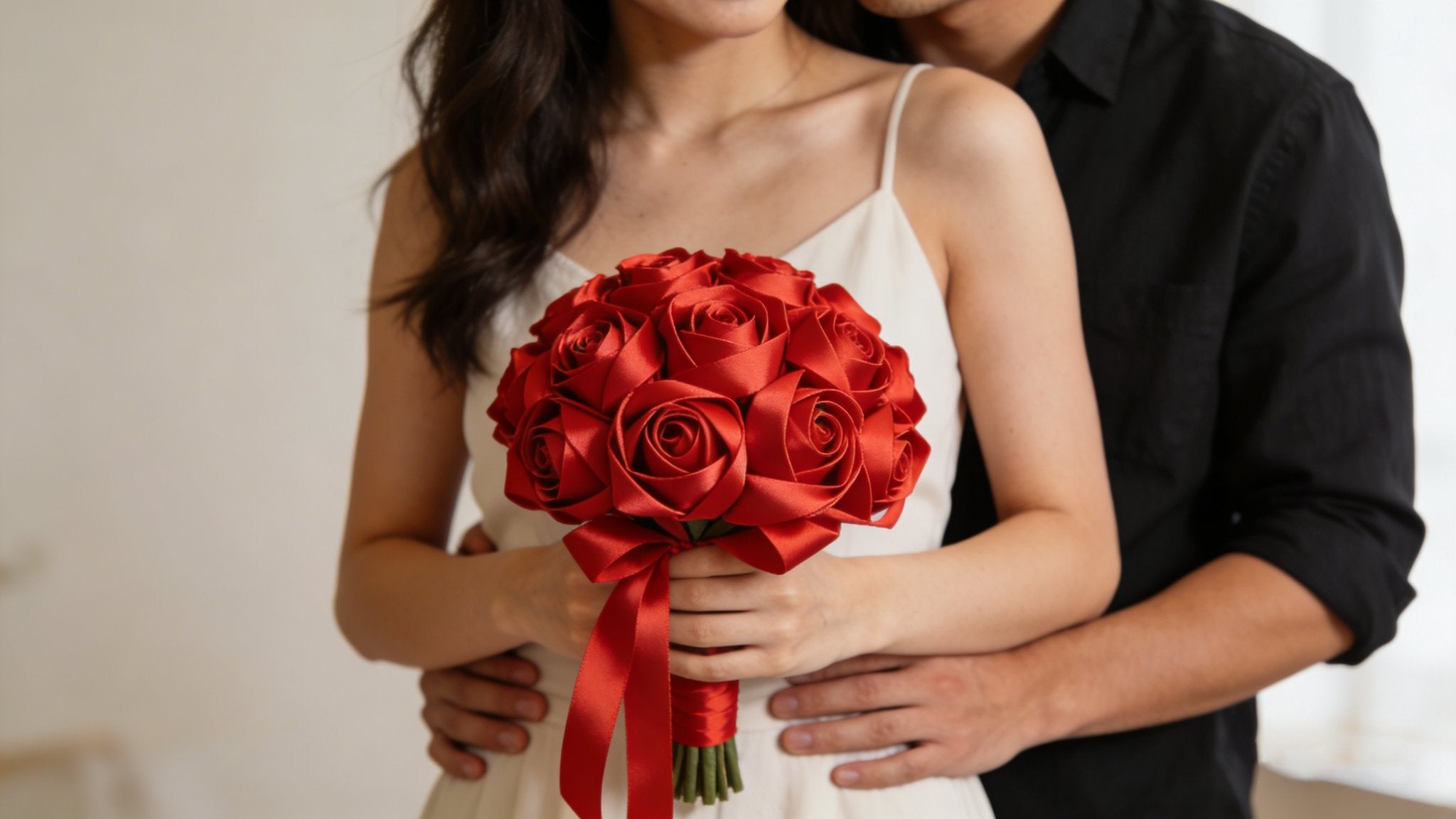 Couple embracing, holding a bouquet of red satin roses with a red ribbon.