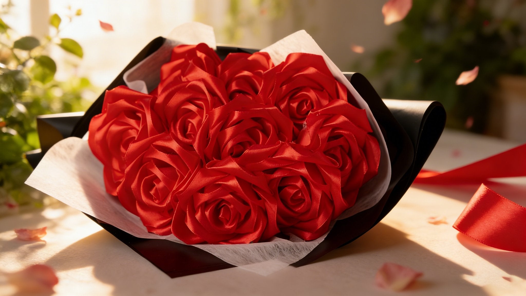 Bouquet of red satin roses wrapped in black and white paper, with scattered petals and a red ribbon.