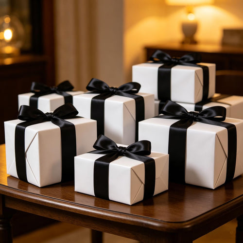 Several white gift boxes with black satin ribbon bows on a wooden table