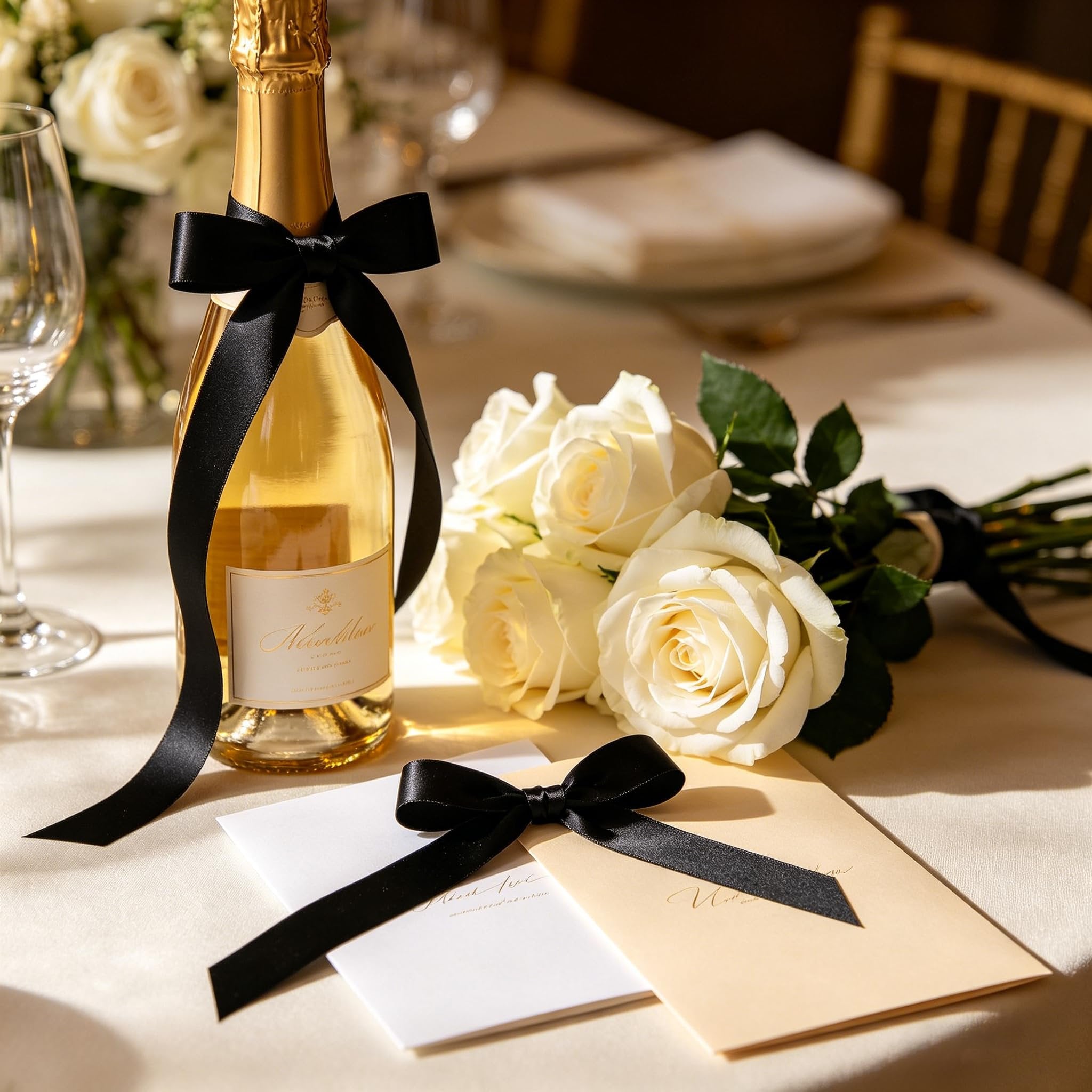 Champagne bottle with black ribbon bow, white roses, and cards on a table setting