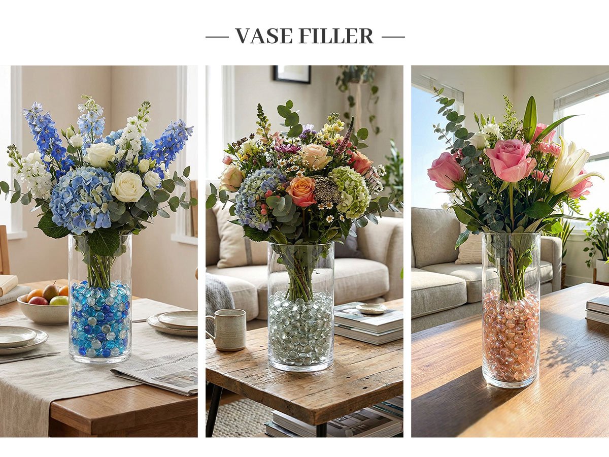 Three glass vases filled with colorful marbles and floral arrangements on tables.