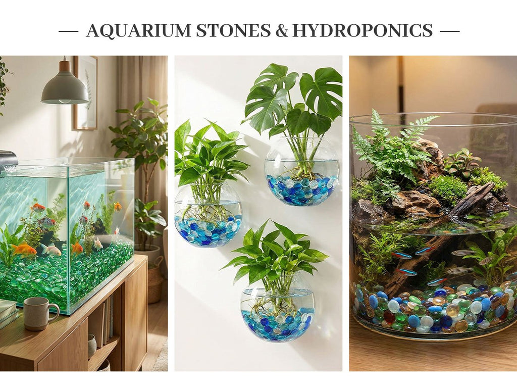 Collage of three images showing glass marbles used as aquarium and hydroponic decor. Left: fish tank with green marbles. Center: wall-mounted glass bowls with blue marbles and plants. Right: terrarium with mixed color marbles and fish.