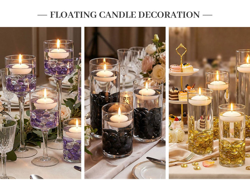 Collage of floating candle decorations in glass vases with purple, black, and gold marbles.