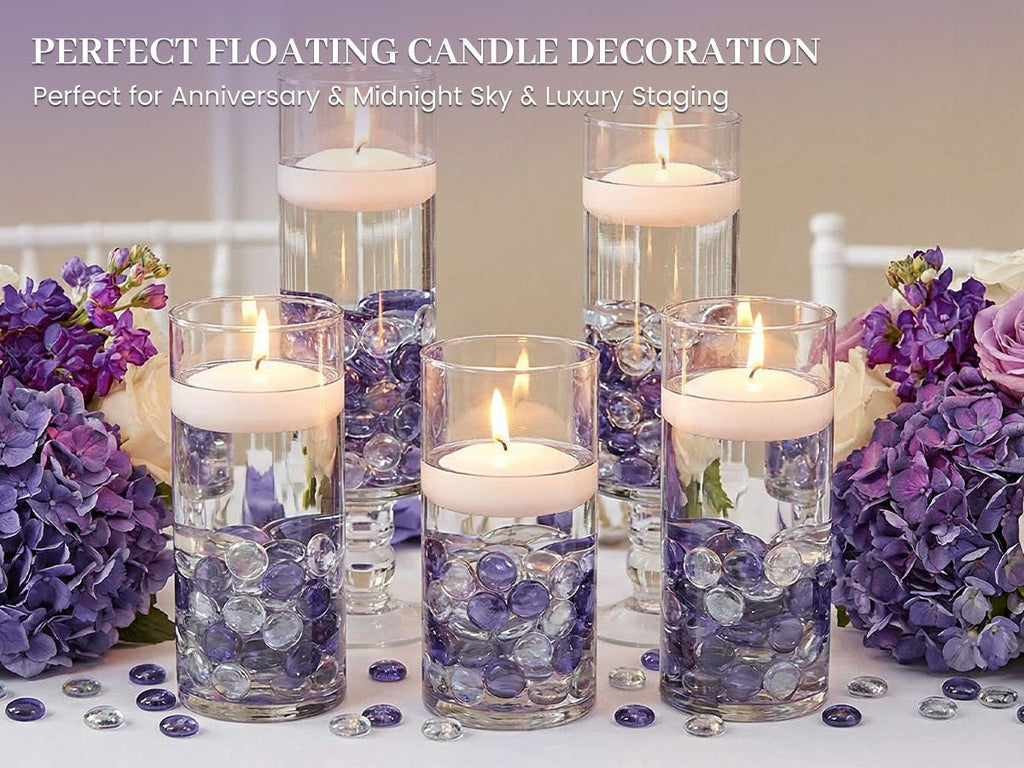 Glass cylinders filled with clear and purple glass beads and floating candles, arranged with purple flowers on a table.