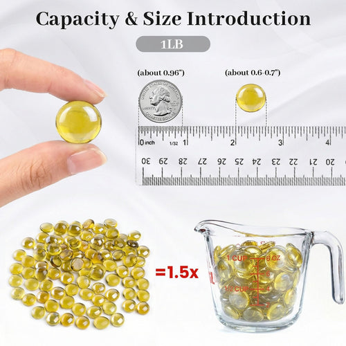 Amber flat glass marbles shown with a quarter for scale, ruler, and measuring cup to demonstrate size and capacity.