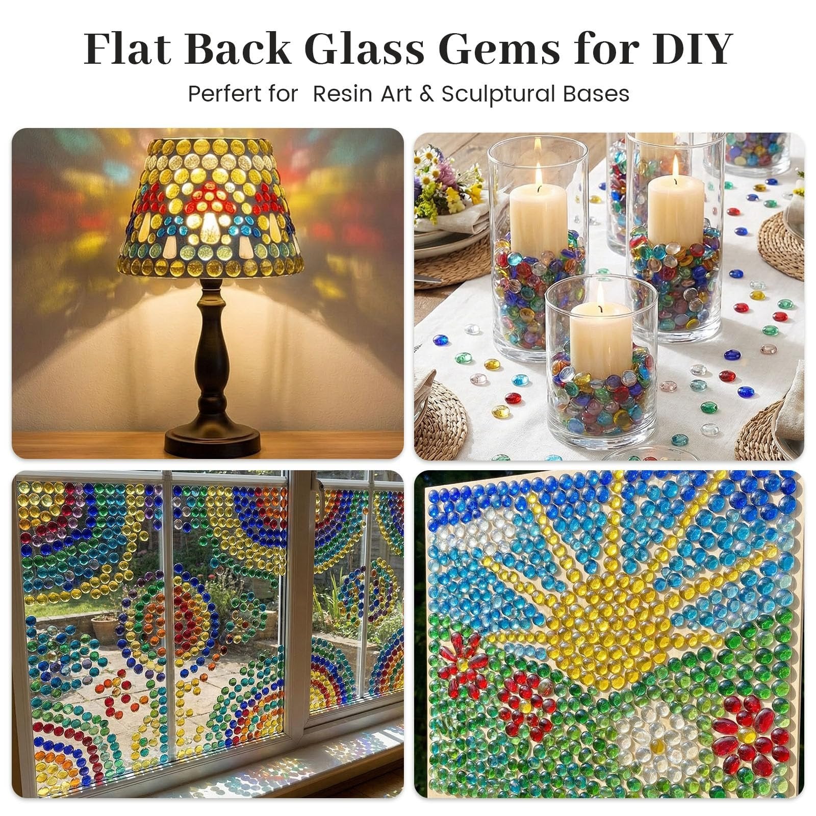Collage of four images showing flat back glass gems used for decoration: a mosaic lamp, vase fillers with candles, window art, and a sun mosaic.