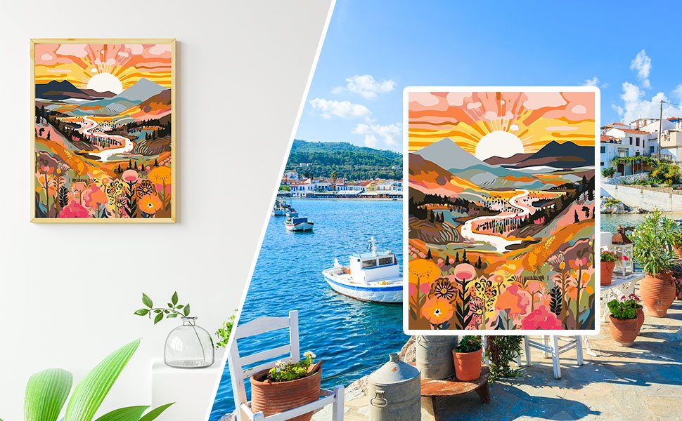 Paint by numbers canvas artwork of a vibrant landscape with a river and mountains at sunset, displayed in a room and outdoors.