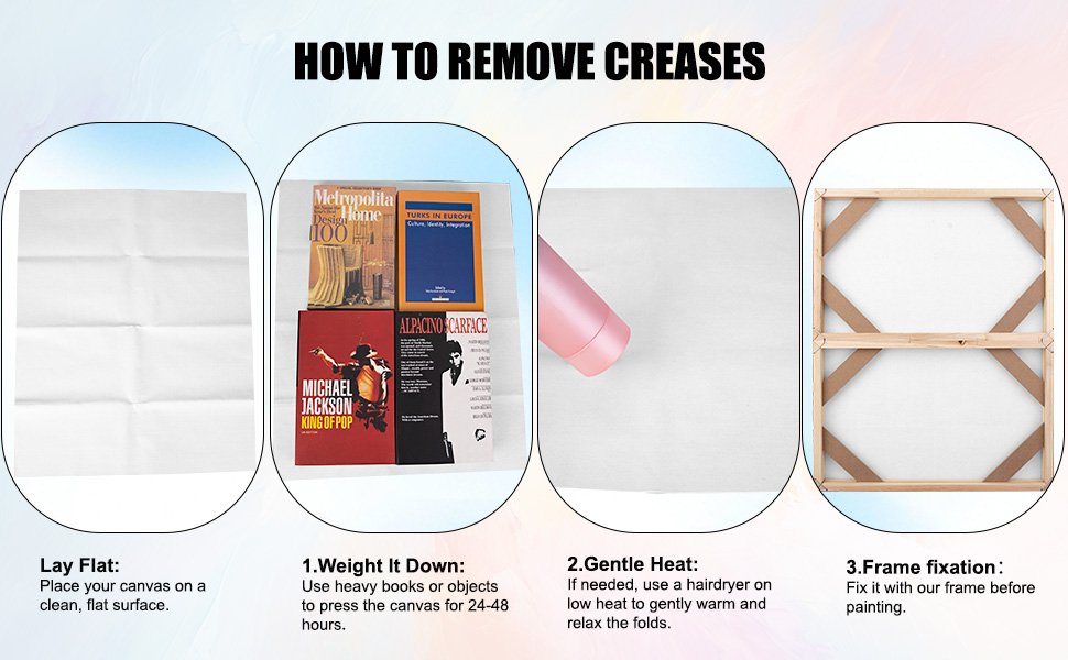 Instructions on how to remove creases from a canvas using books, heat, and framing.