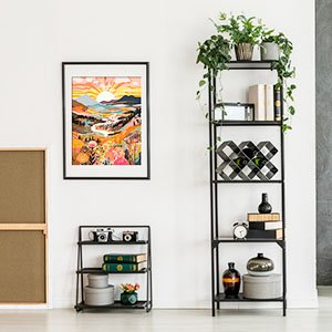 Framed colorful landscape painting hanging on a white wall next to a tall black shelving unit with plants and books.