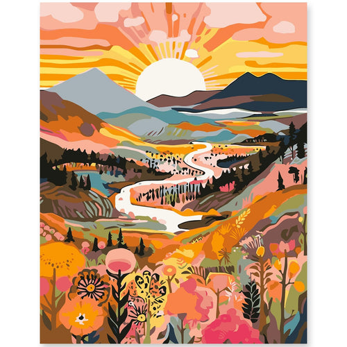 Paint by numbers canvas showing a vibrant landscape with a winding river, mountains, and colorful flowers under a bright sun.