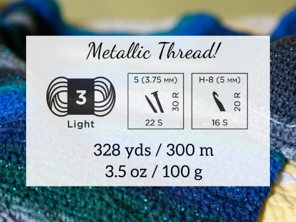 Yarn label showing weight 3 light, needle size 5 (3.75mm) with 22 stitches and 30 rows, hook size H-8 (5mm) with 16 stitches and 20 rows, 328 yards and 3.5 ounces.