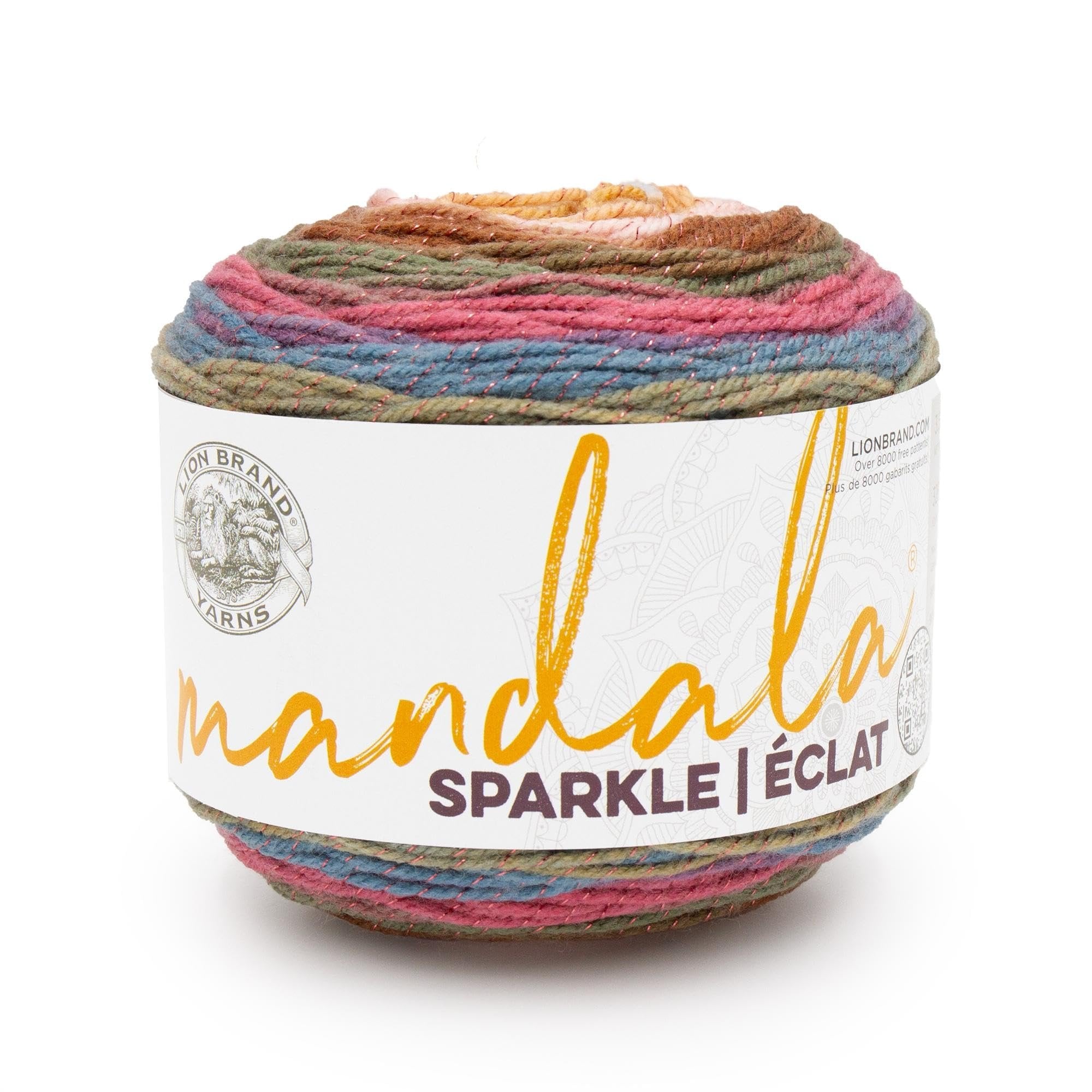 Cake of multicolor sparkle yarn with pink, blue, green, and brown stripes, featuring a white label with brand logo and product name.