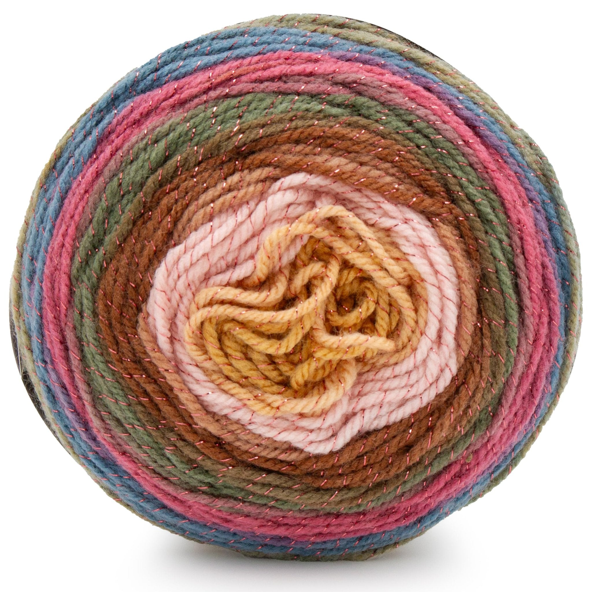 Cake of DK weight yarn with stripes of pink, blue, green, brown, and yellow, featuring metallic threads.