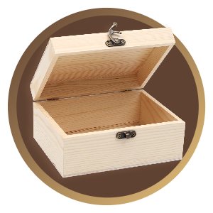 Unfinished pine wooden box with hinged lid open, showing interior compartments.